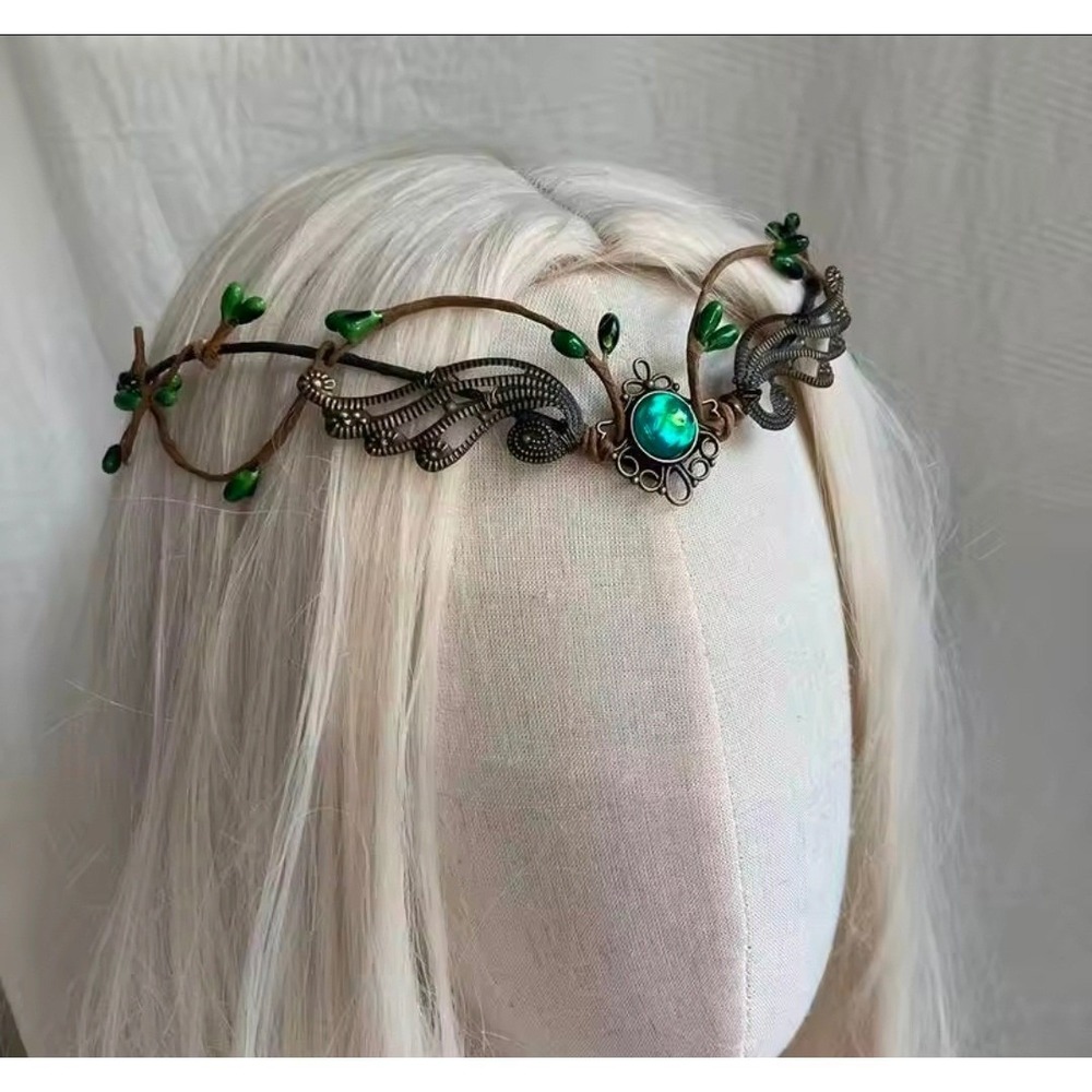 Elven Woodland Circlet Crown Green Leaf Bronze Filigree Fantasy Tiara Headpiece